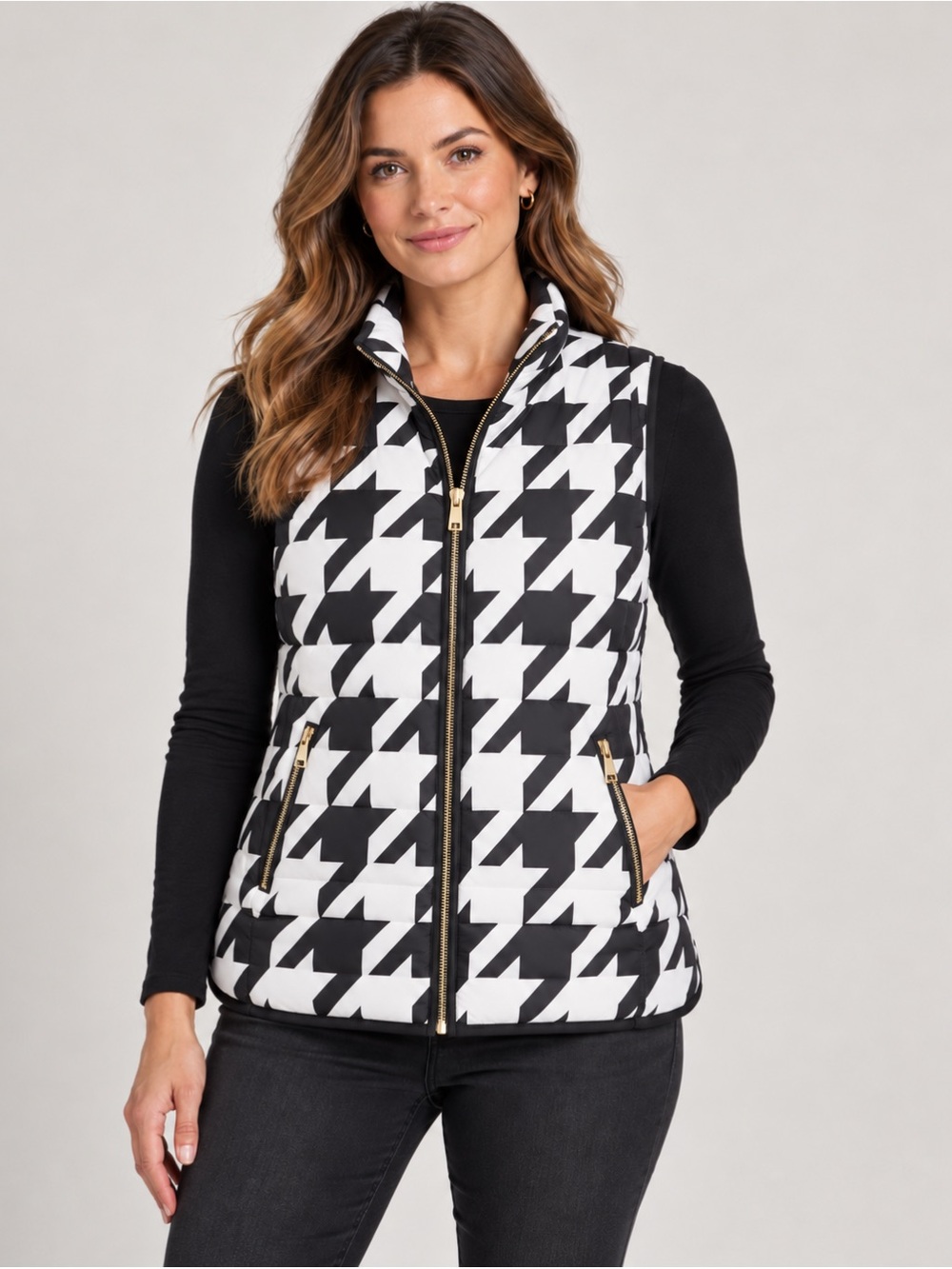 Crown & Ivy Black White Houndstooth Quilted Puffer Vest Gold Zip Size M